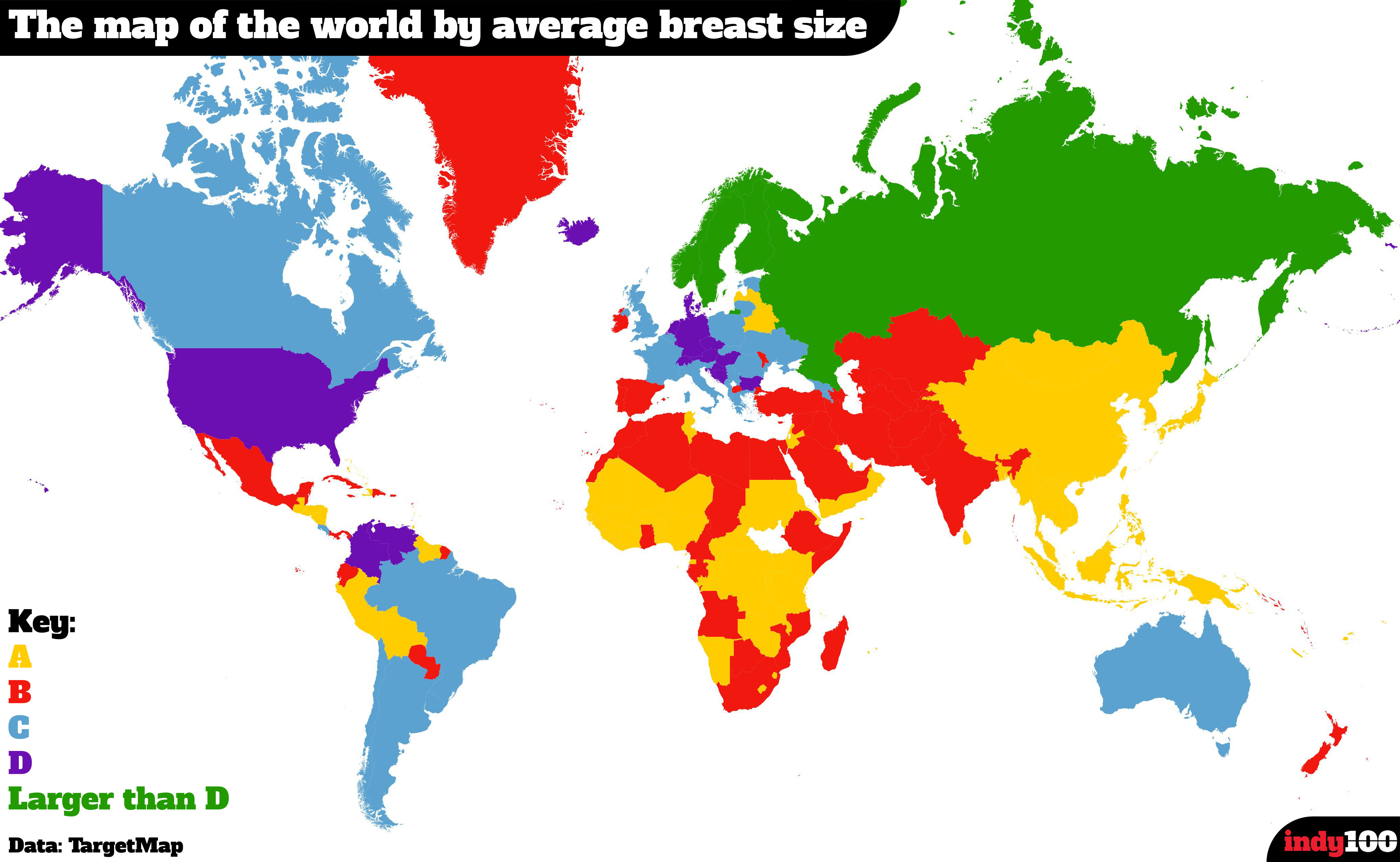 Map shows where the world's biggest breasts are.